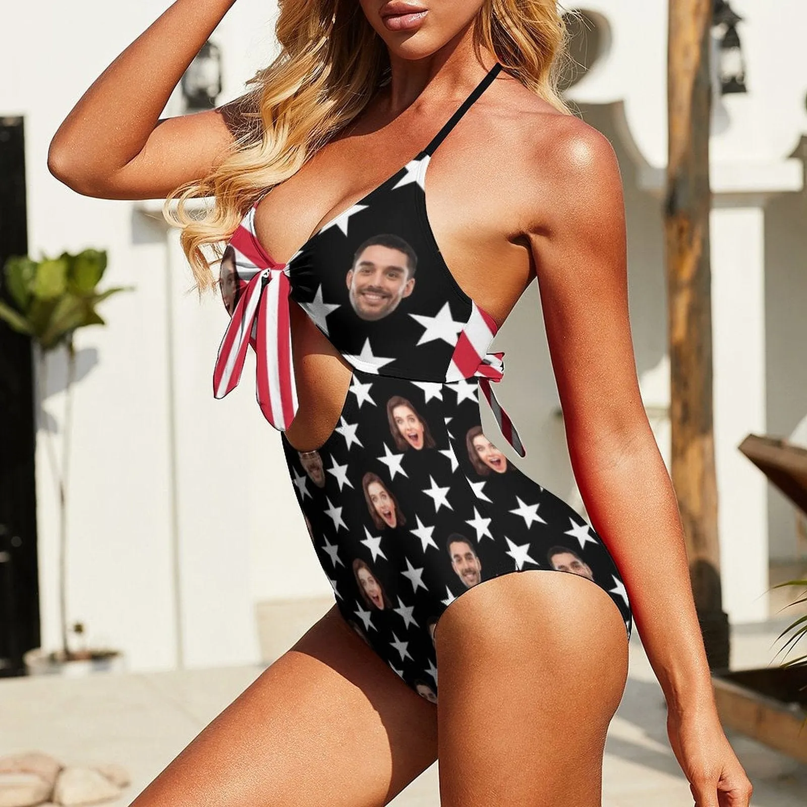 American Flag Monokini Custom Couple Face Flag Swimsuit Personalized Women's Backless Bow One Piece Bathing Suit