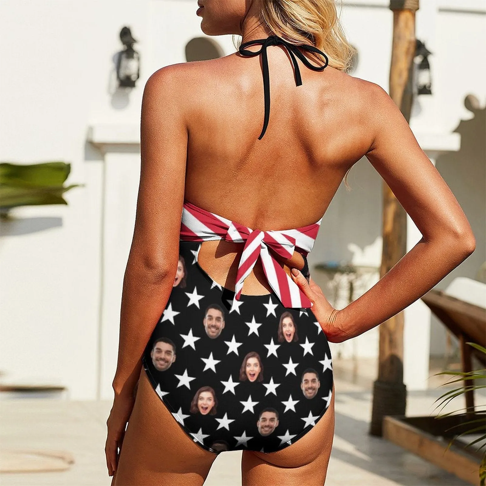 American Flag Monokini Custom Couple Face Flag Swimsuit Personalized Women's Backless Bow One Piece Bathing Suit