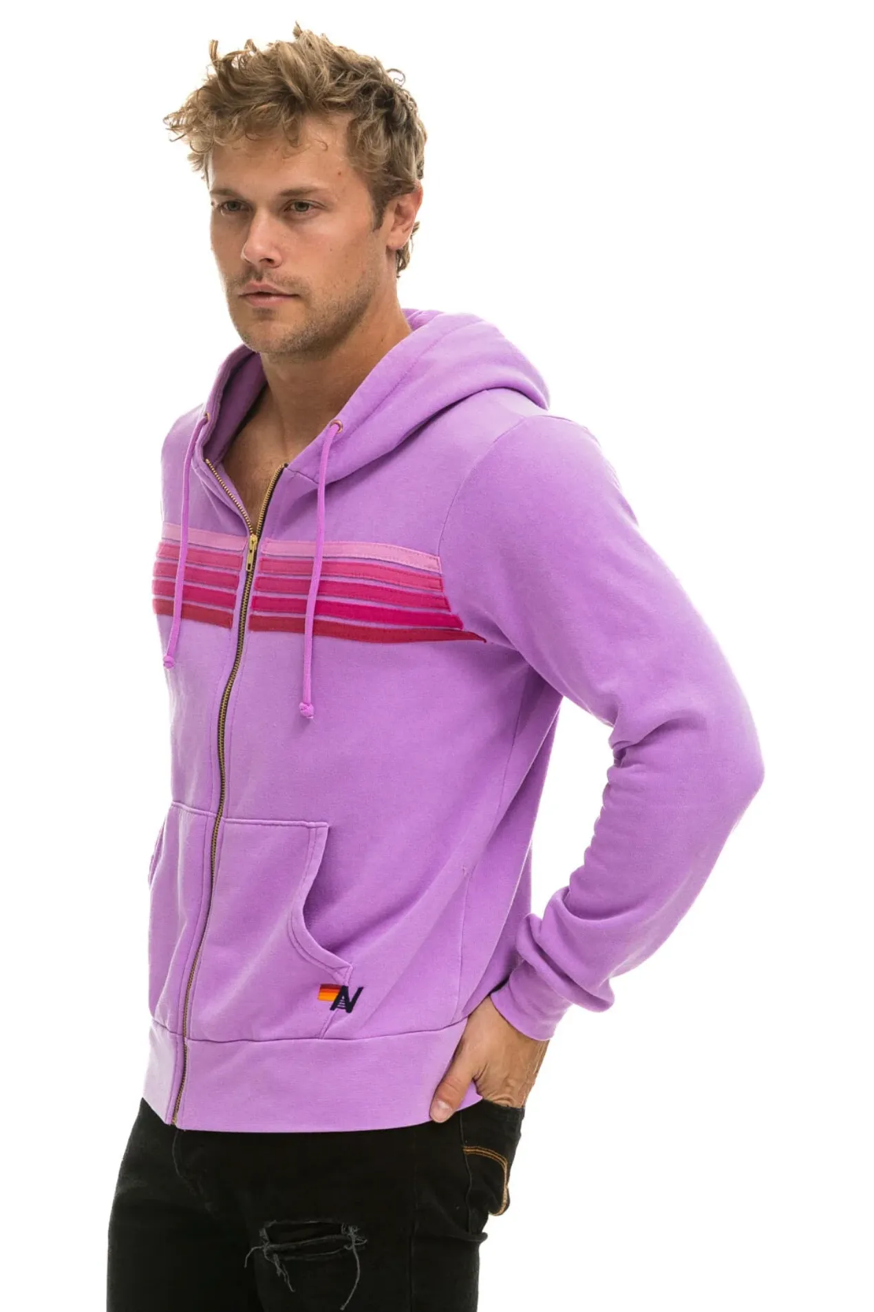 Aviator Nation 5 Stripe Zip Unisex Hoodie in NEON PURPLE // PINK