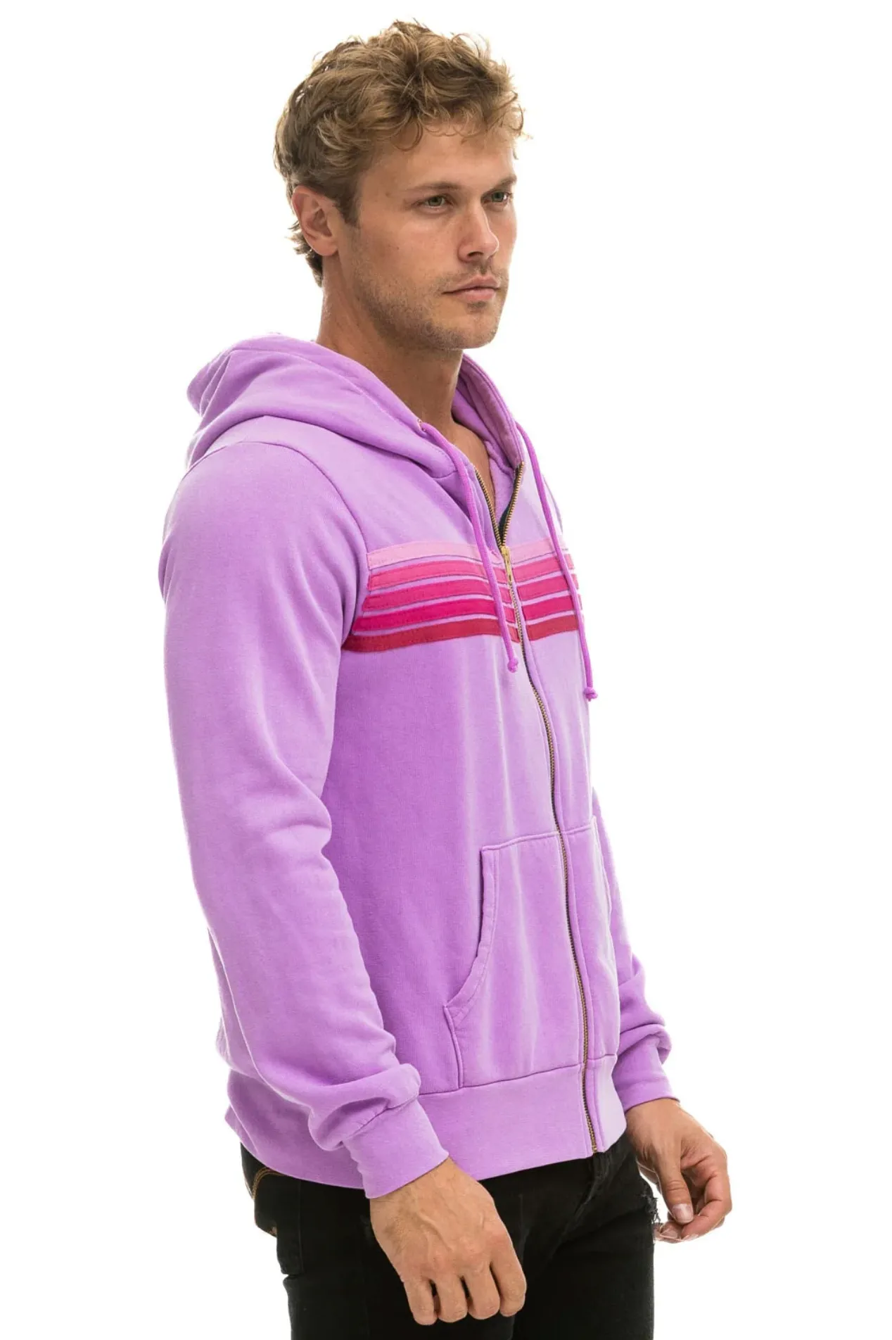 Aviator Nation 5 Stripe Zip Unisex Hoodie in NEON PURPLE // PINK