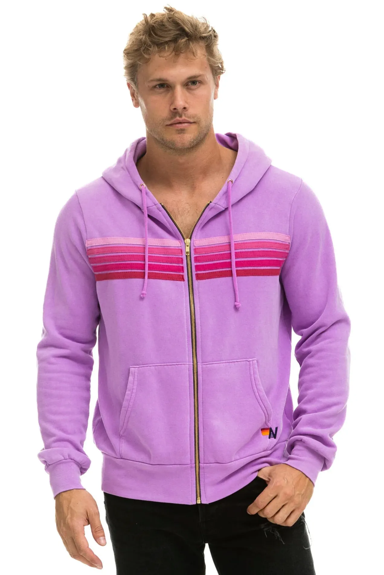 Aviator Nation 5 Stripe Zip Unisex Hoodie in NEON PURPLE // PINK