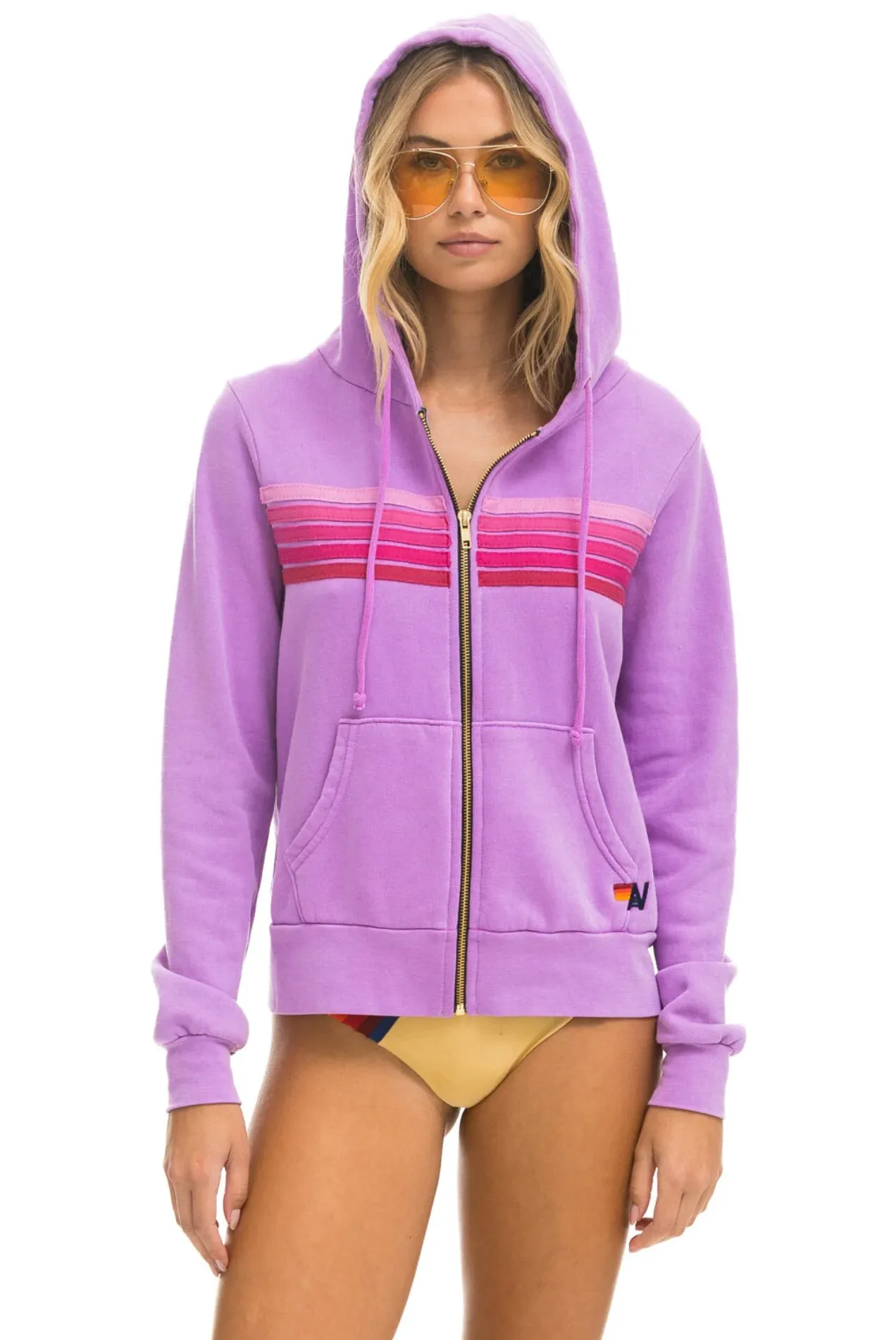 Aviator Nation 5 Stripe Zip Unisex Hoodie in NEON PURPLE // PINK