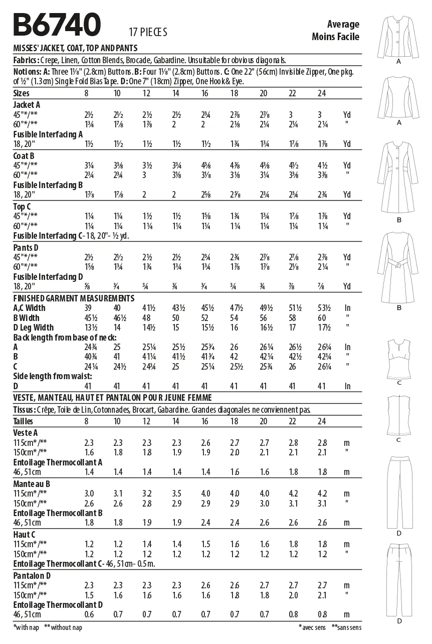 B6740 Misses' Jacket, Coat, Top & Pants