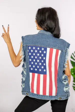 BiBi Hometown USA Flag Graphic Cutoff Denim Jacket