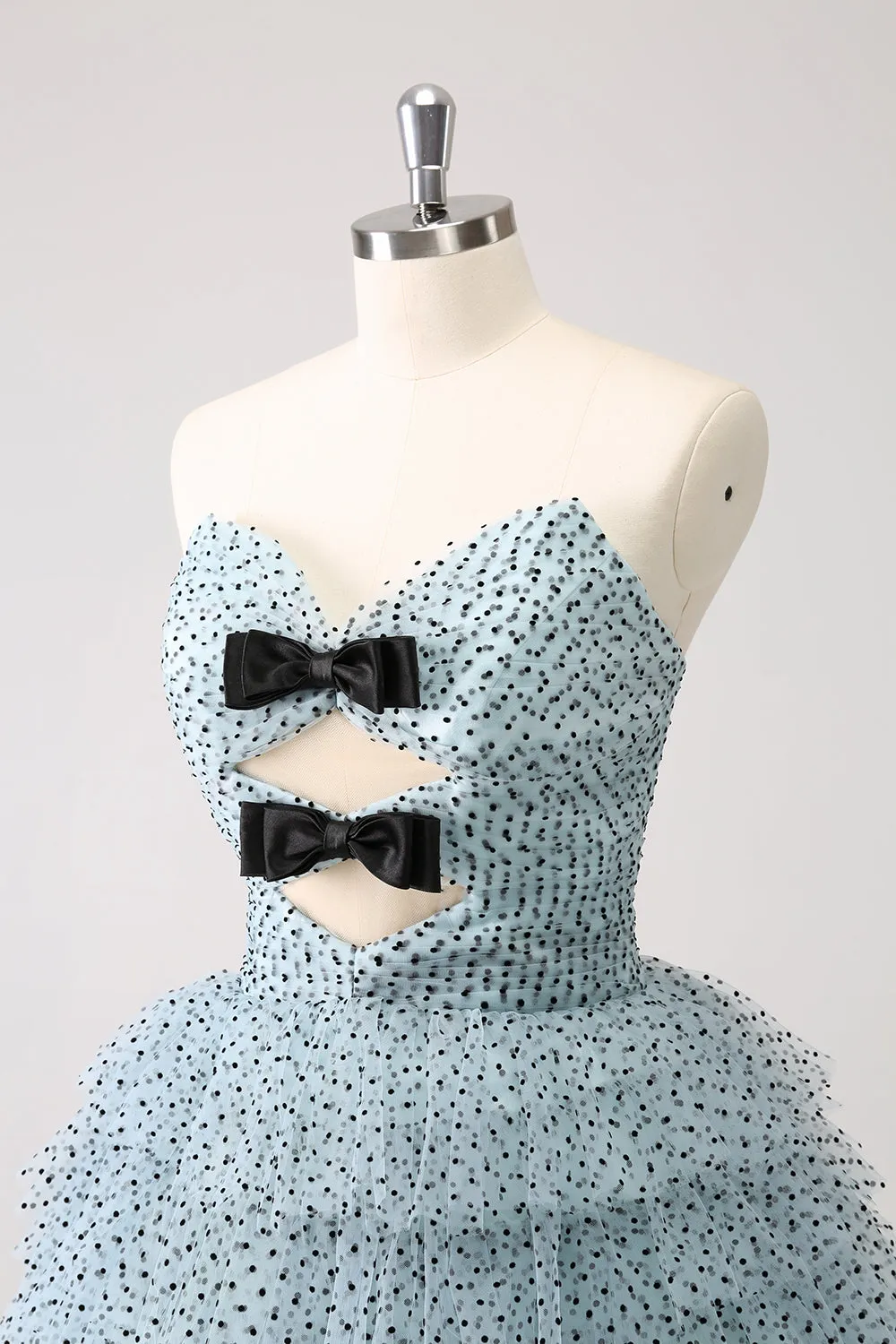 Blue A Line Tiered Dotted Strapless Mini Dress with Bows