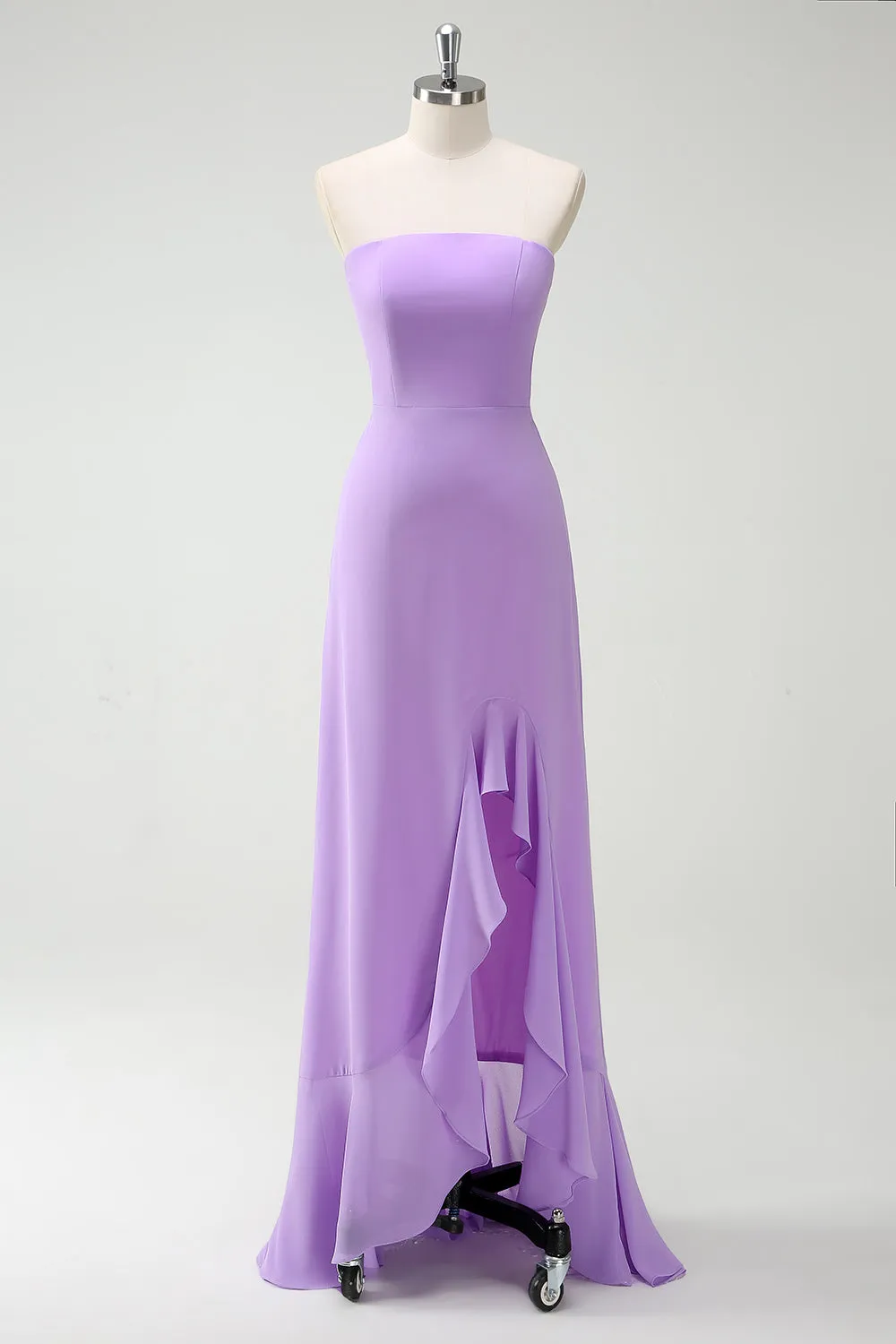 Bow Strapless A Line Purple Bridesmaid Dress with Slit