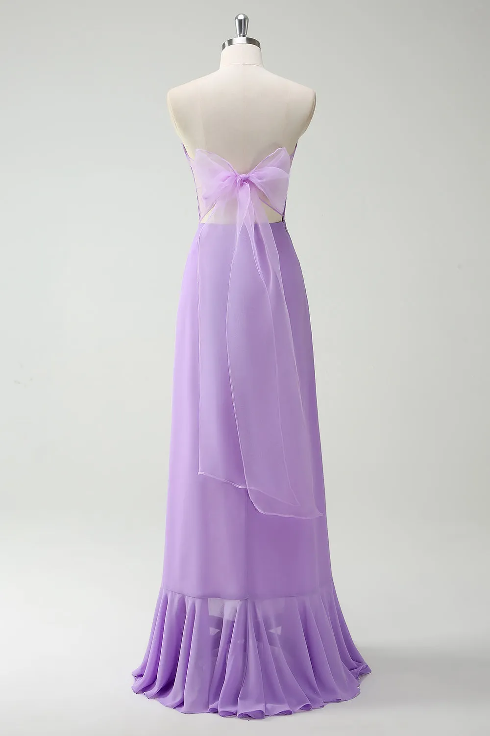 Bow Strapless A Line Purple Bridesmaid Dress with Slit