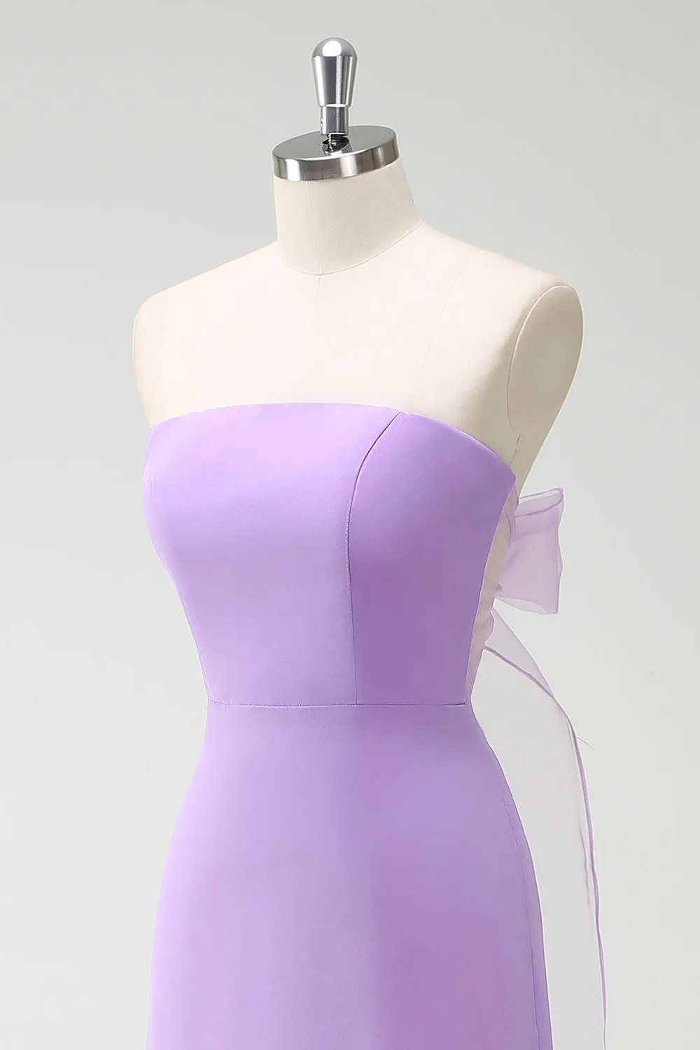 Bow Strapless A Line Purple Bridesmaid Dress with Slit