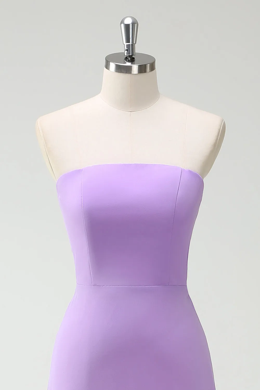 Bow Strapless A Line Purple Bridesmaid Dress with Slit