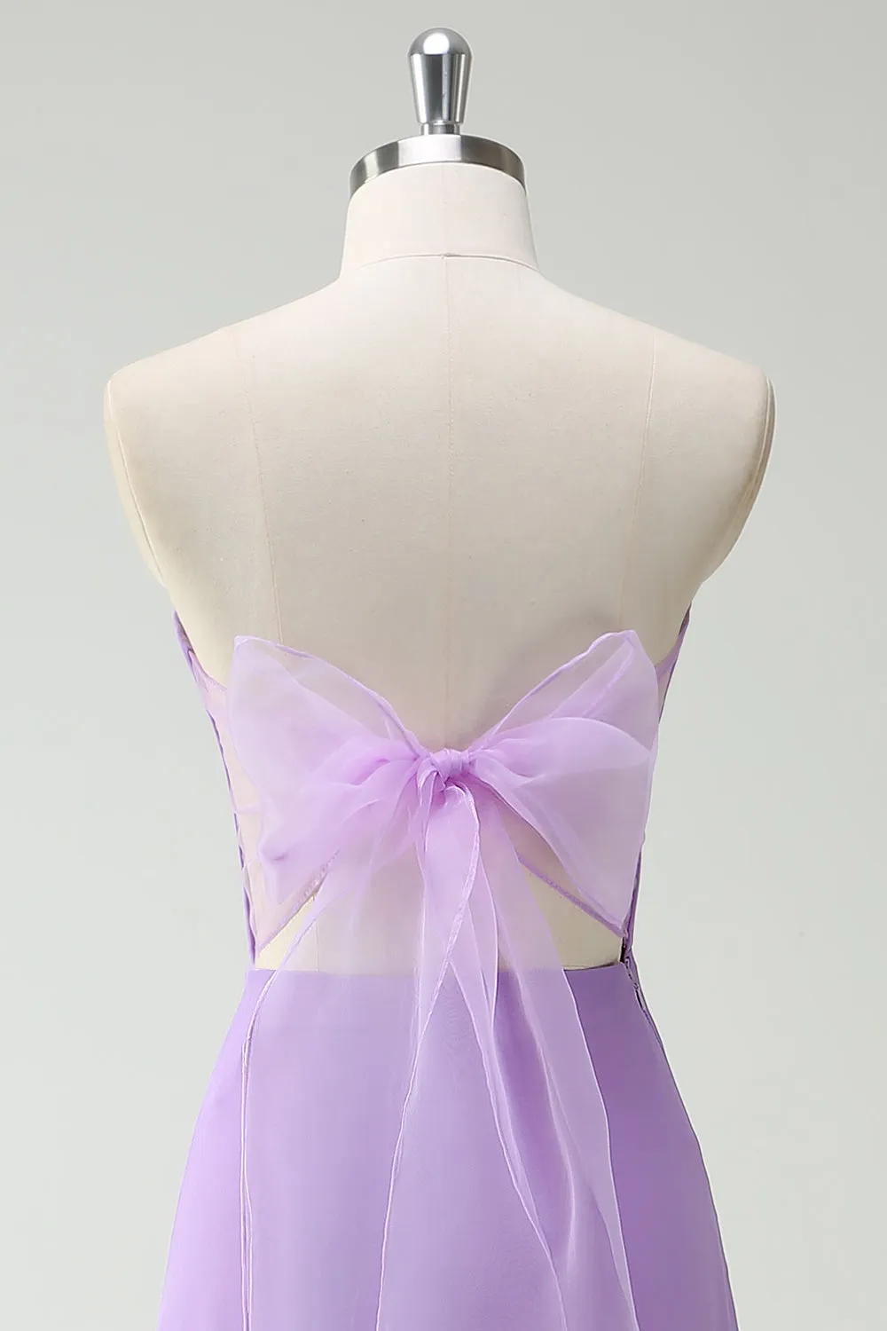 Bow Strapless A Line Purple Bridesmaid Dress with Slit