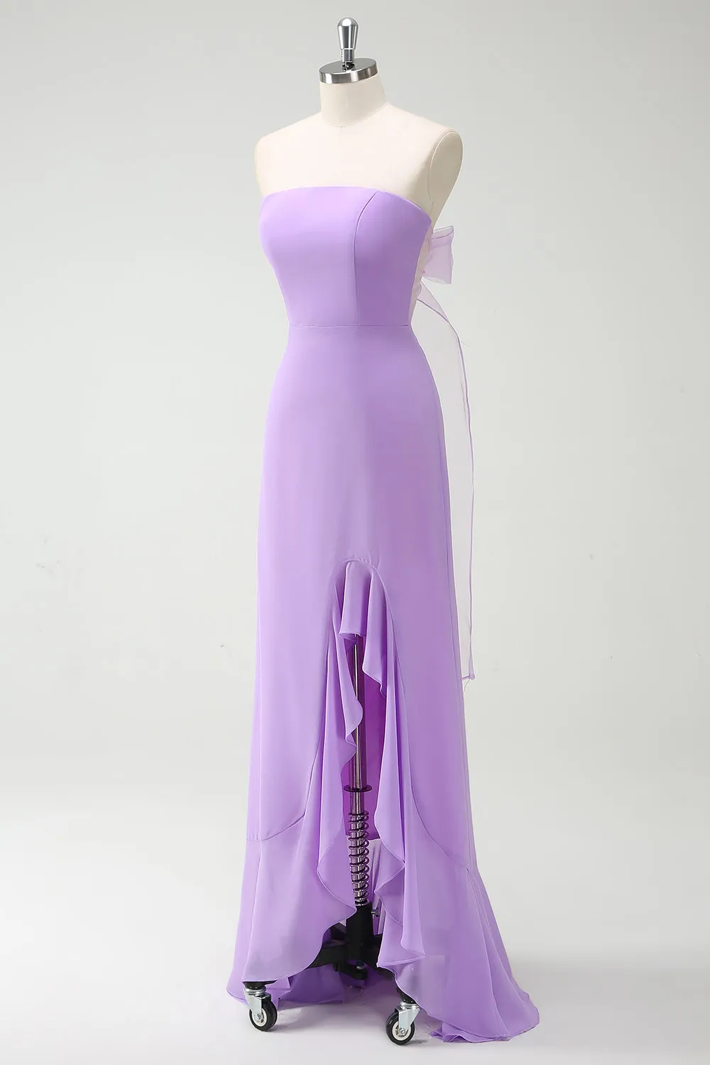 Bow Strapless A Line Purple Bridesmaid Dress with Slit