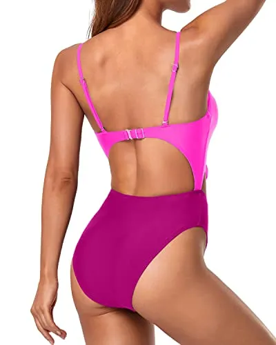 Bowknot Front Backless Design Sexy One Piece Swimsuits-Phosphor And Dark Pink