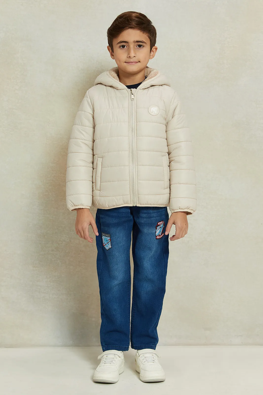 Boys Beige Puffer Jacket With Sherpa Lining