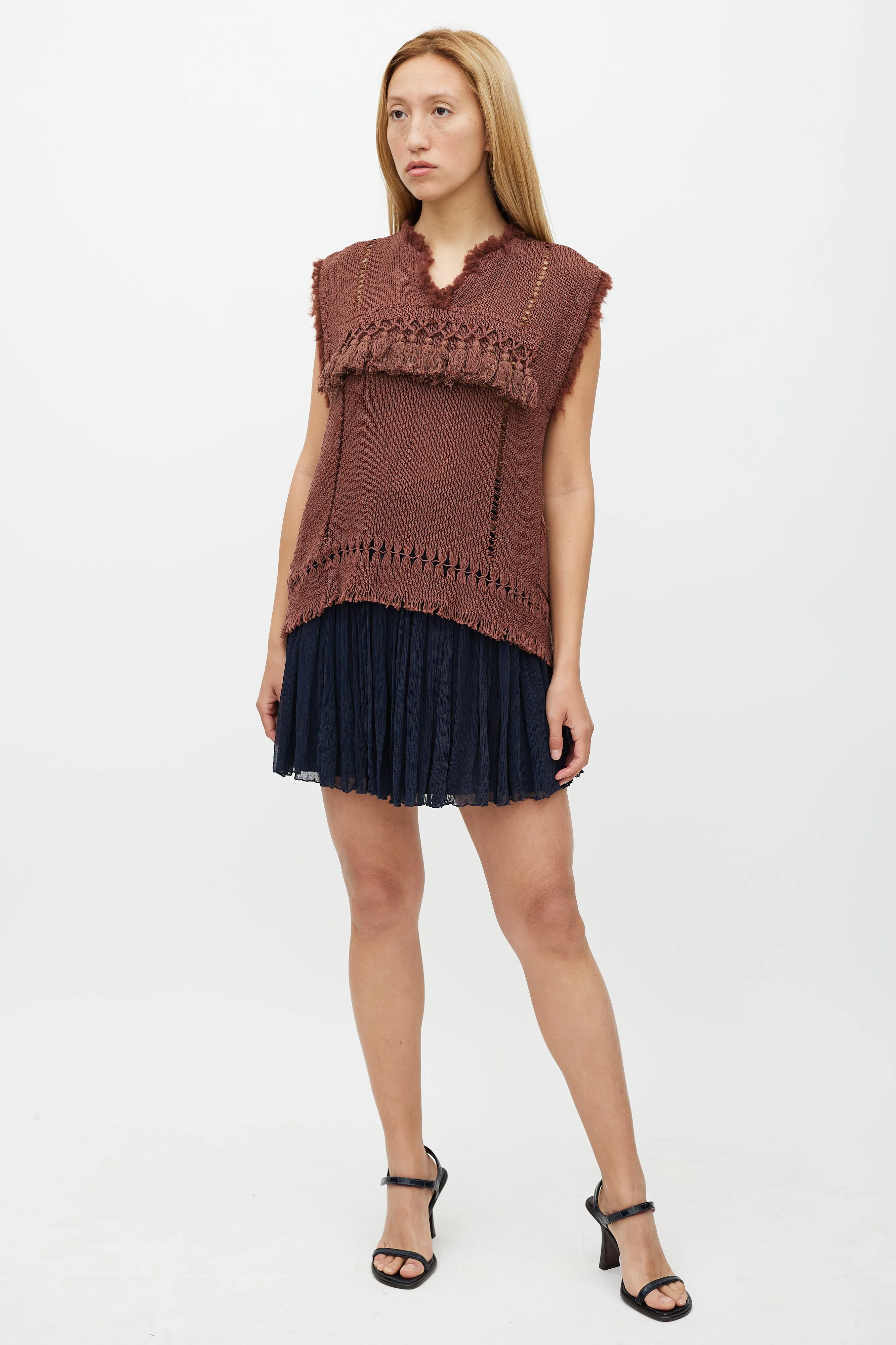 Brown Knit Tassel Vest