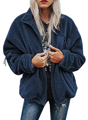 BTFBM Women Long Sleeve Full Zip Jackets Casual Solid Color Loose Fleece Short Teddy Coats Jacket Outerwear With Pockets(Solid Dark Blue, Large)