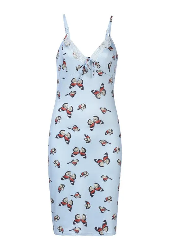 Butterfly Print Spaghetti Evening Slip Dress