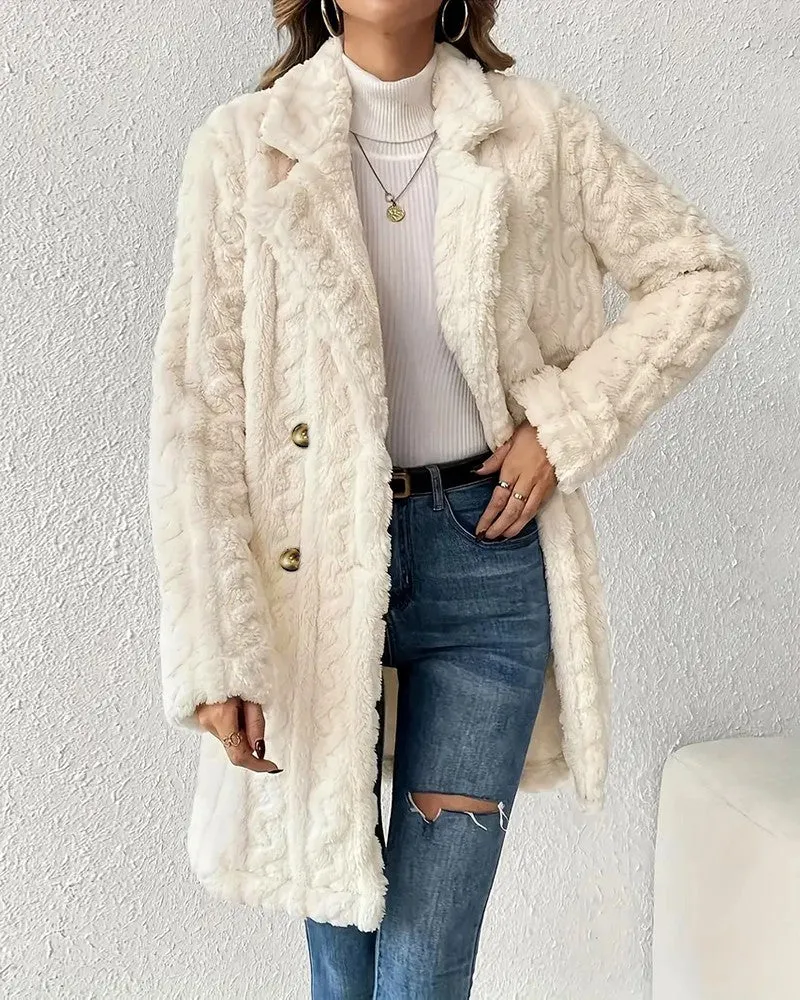 Cable Textured Lapel Neck Double Breasted Fleece Longline Teddy Coat