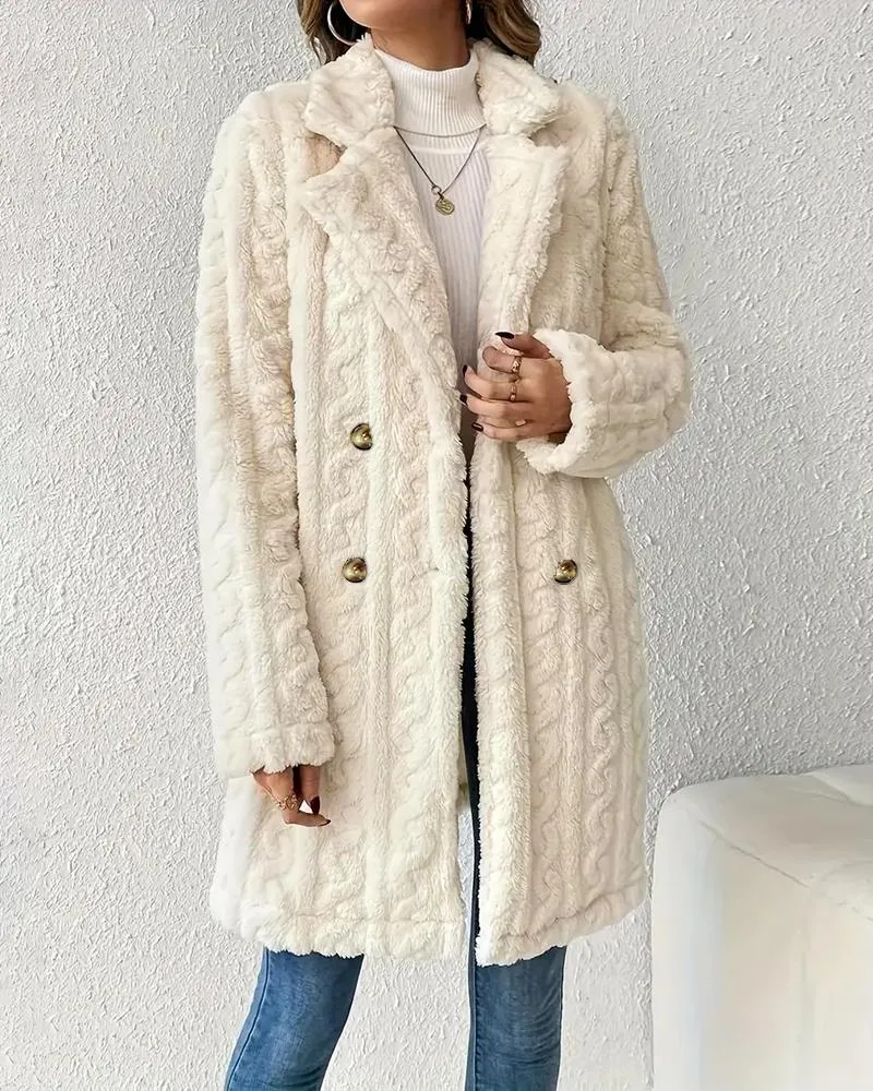 Cable Textured Lapel Neck Double Breasted Fleece Longline Teddy Coat