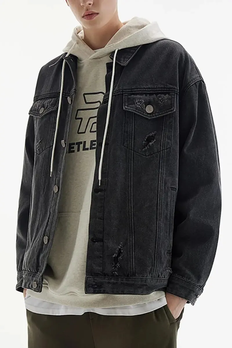 Classic Distressed Jean Jacket with Washed Effect