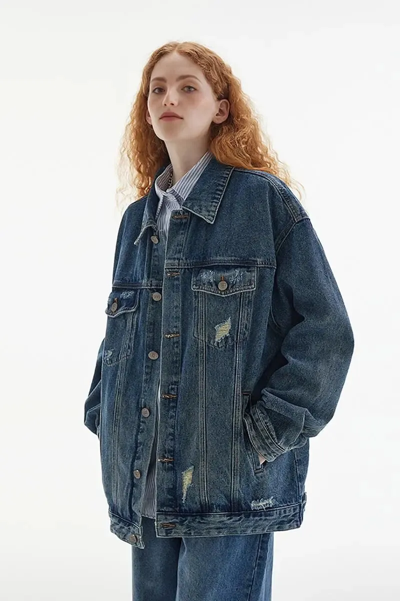 Classic Distressed Jean Jacket with Washed Effect