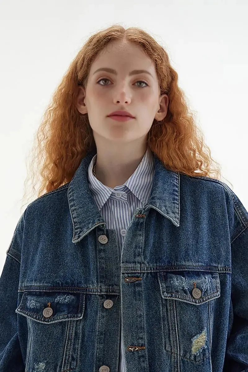 Classic Distressed Jean Jacket with Washed Effect