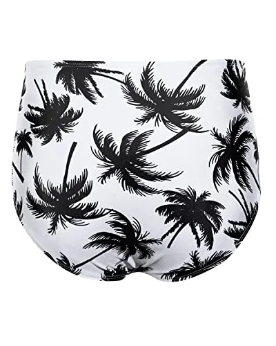 Classic Women High Waisted Bikini Bottom Retro Ruched Swim Short-Black Palm Tree