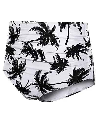 Classic Women High Waisted Bikini Bottom Retro Ruched Swim Short-Black Palm Tree