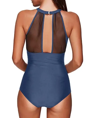 Comfortable Tummy Control High Neck Ruched Monokini For Women-Blue