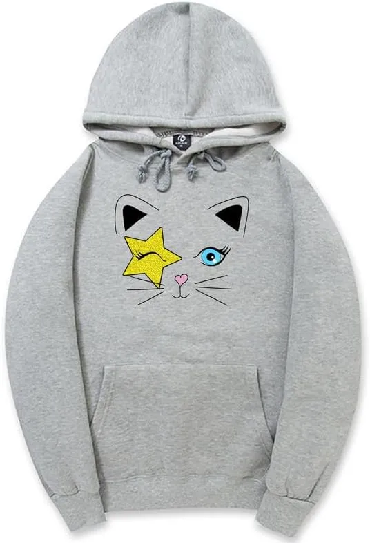 CORIRESHA Cat Lovers Hoodie Long Sleeve Drawstring Stars Teen Y2k Graphic Sweatshirt