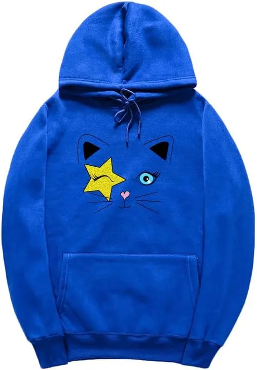 CORIRESHA Cat Lovers Hoodie Long Sleeve Drawstring Stars Teen Y2k Graphic Sweatshirt