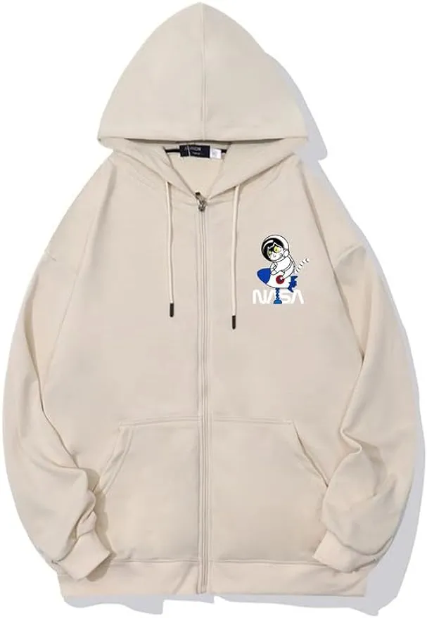 CORIRESHA Space Astronaut Cat Zip Hoodie Drawstring Rocket NASA Sweatshirt