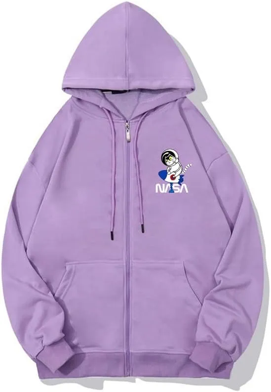 CORIRESHA Space Astronaut Cat Zip Hoodie Drawstring Rocket NASA Sweatshirt