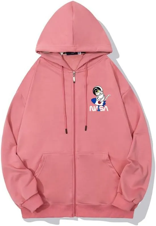 CORIRESHA Space Astronaut Cat Zip Hoodie Drawstring Rocket NASA Sweatshirt