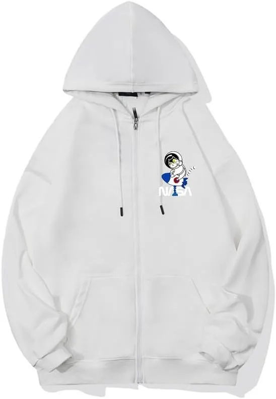 CORIRESHA Space Astronaut Cat Zip Hoodie Drawstring Rocket NASA Sweatshirt