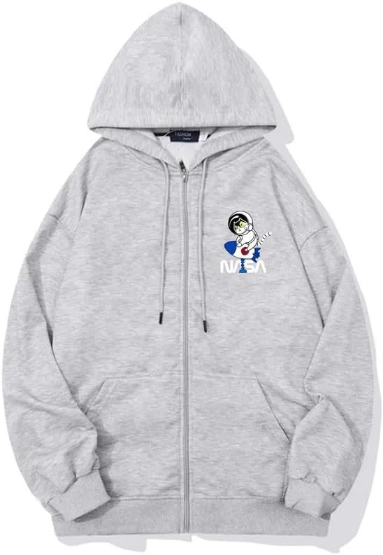 CORIRESHA Space Astronaut Cat Zip Hoodie Drawstring Rocket NASA Sweatshirt