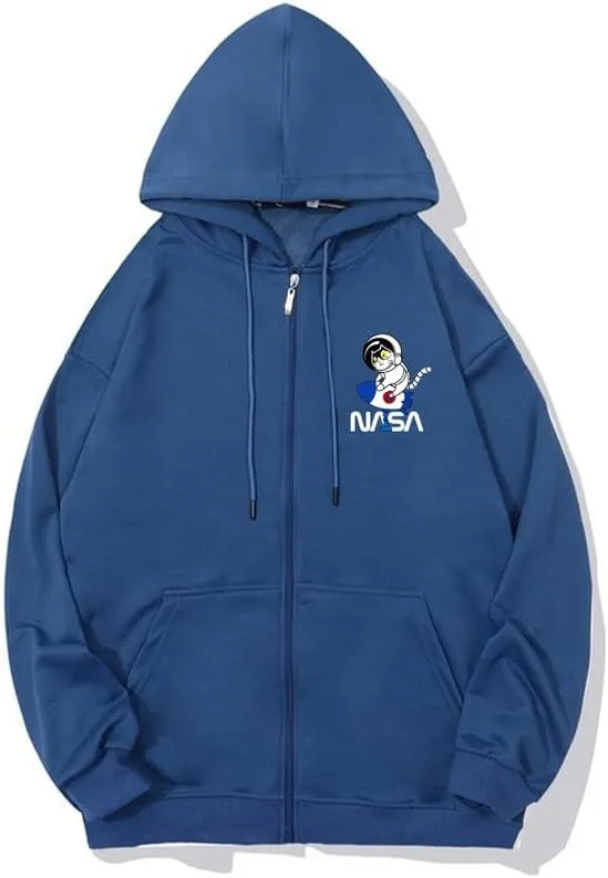 CORIRESHA Space Astronaut Cat Zip Hoodie Drawstring Rocket NASA Sweatshirt