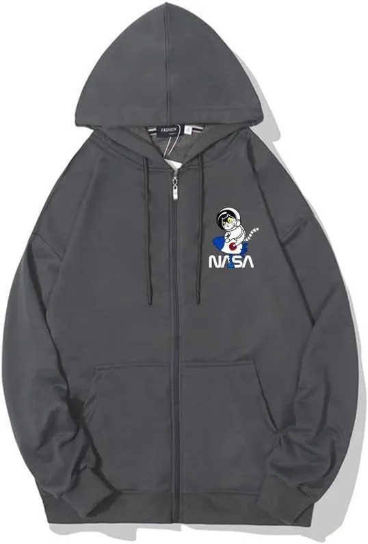 CORIRESHA Space Astronaut Cat Zip Hoodie Drawstring Rocket NASA Sweatshirt