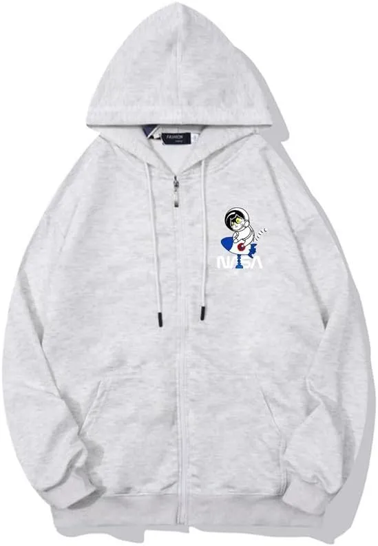 CORIRESHA Space Astronaut Cat Zip Hoodie Drawstring Rocket NASA Sweatshirt