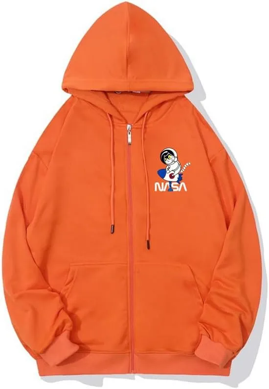 CORIRESHA Space Astronaut Cat Zip Hoodie Drawstring Rocket NASA Sweatshirt