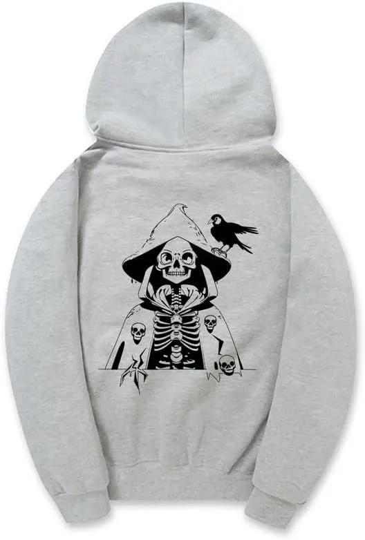 CORIRESHA Women's Skull Print Hoodie Long Sleeve Drawstring Casual Soft Unisex Halloween Sweatshirt