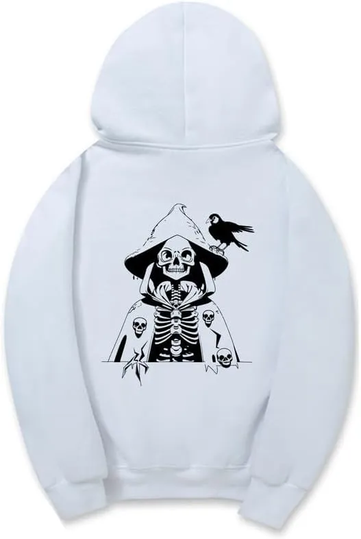 CORIRESHA Women's Skull Print Hoodie Long Sleeve Drawstring Casual Soft Unisex Halloween Sweatshirt