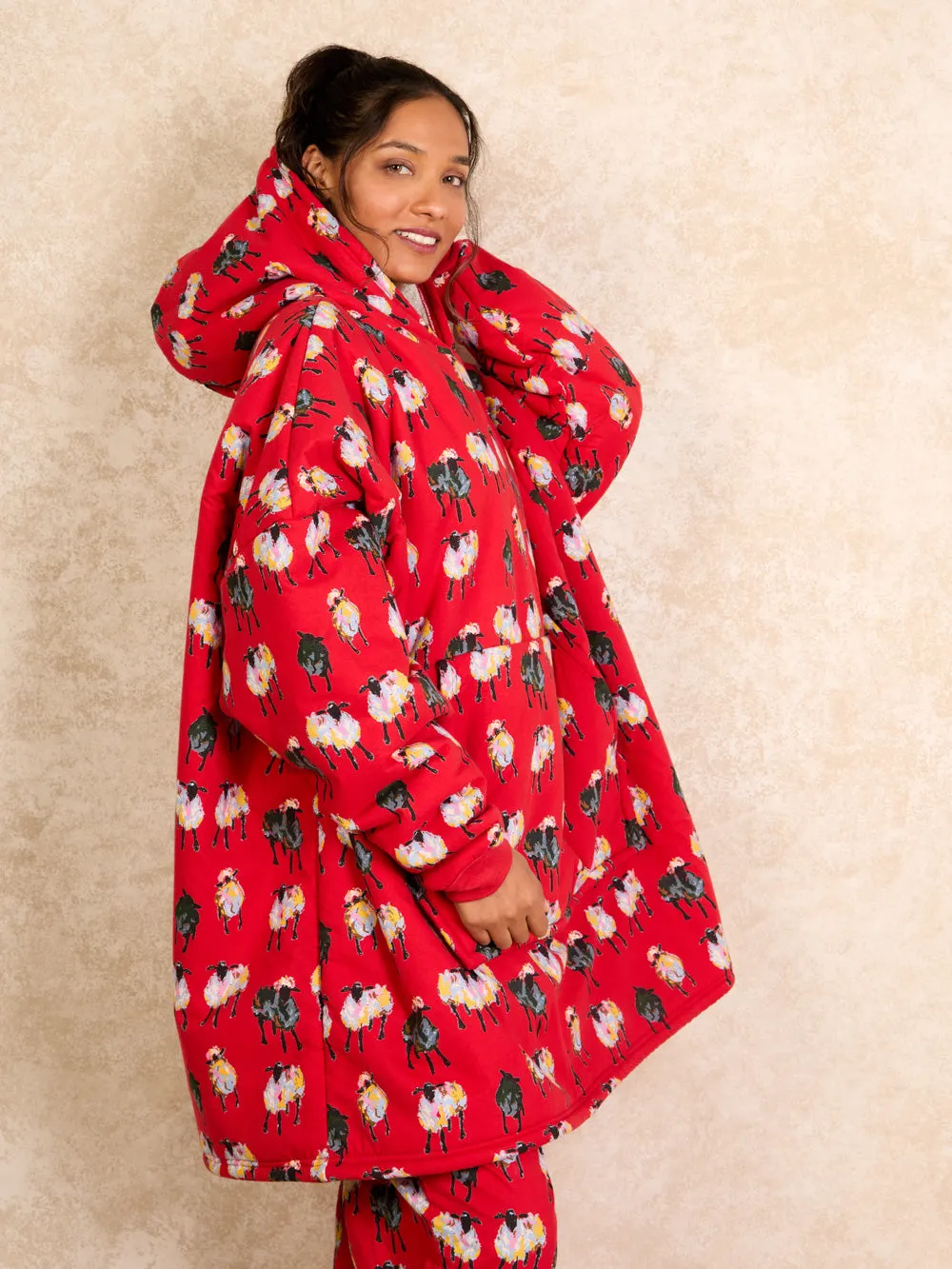 Cosy Oversize Fleece Lined Hoodie Red Sheep