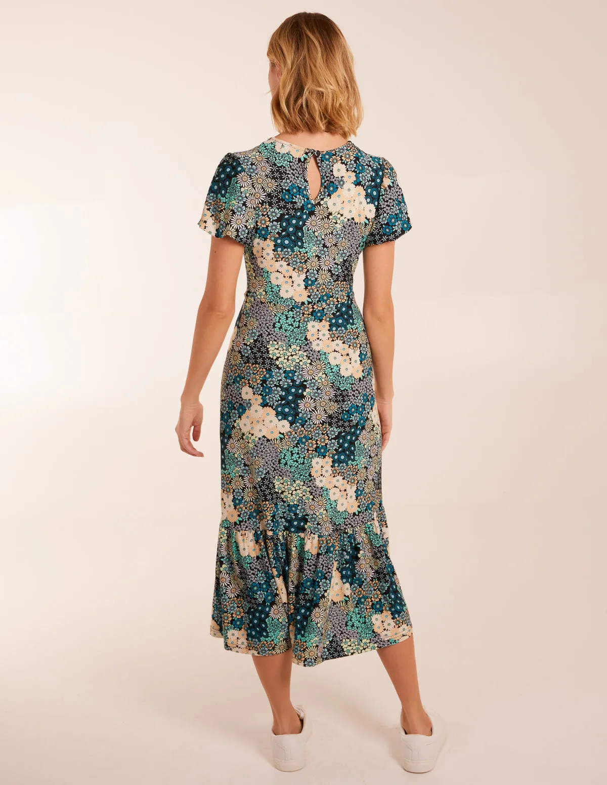 Crew Neck Knot Front Floral Midi Dress