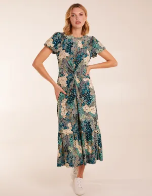 Crew Neck Knot Front Floral Midi Dress