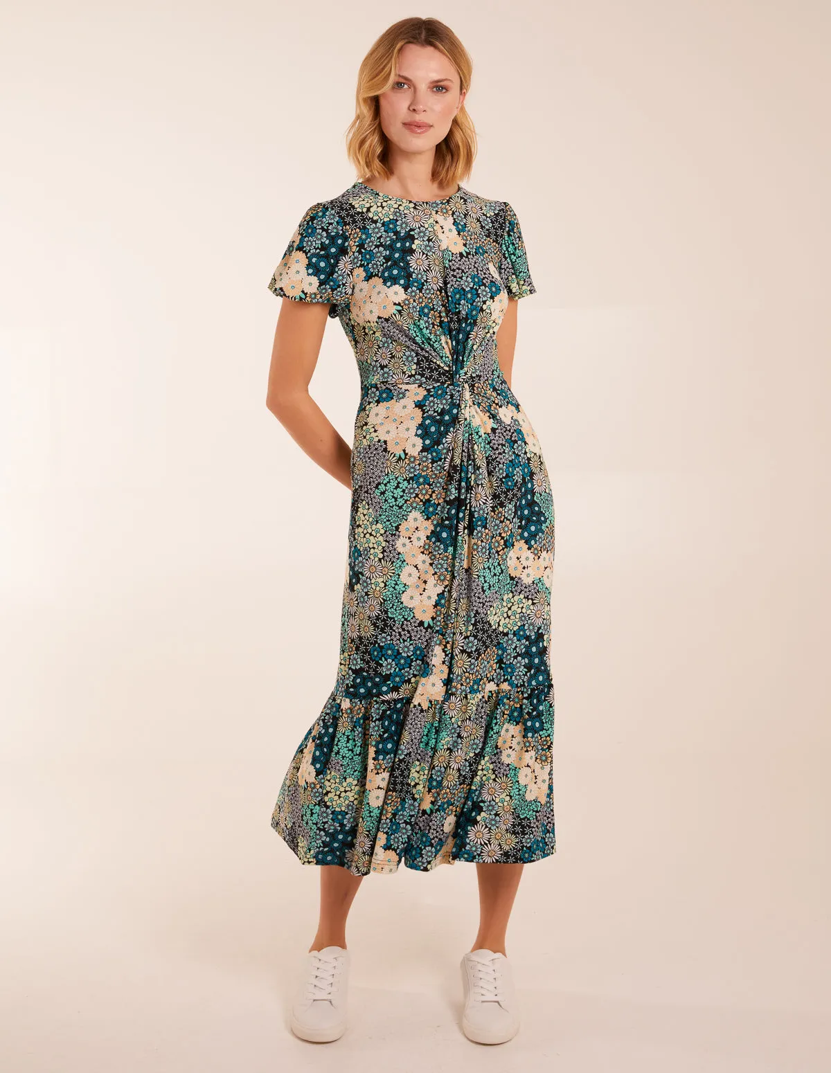 Crew Neck Knot Front Floral Midi Dress