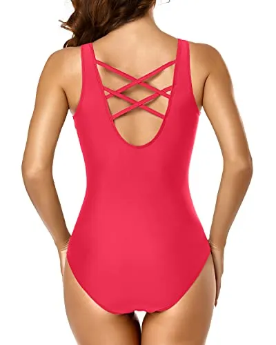 Criss Cross Teen Girls Swimwear Slimming One Piece Swimsuits-Red