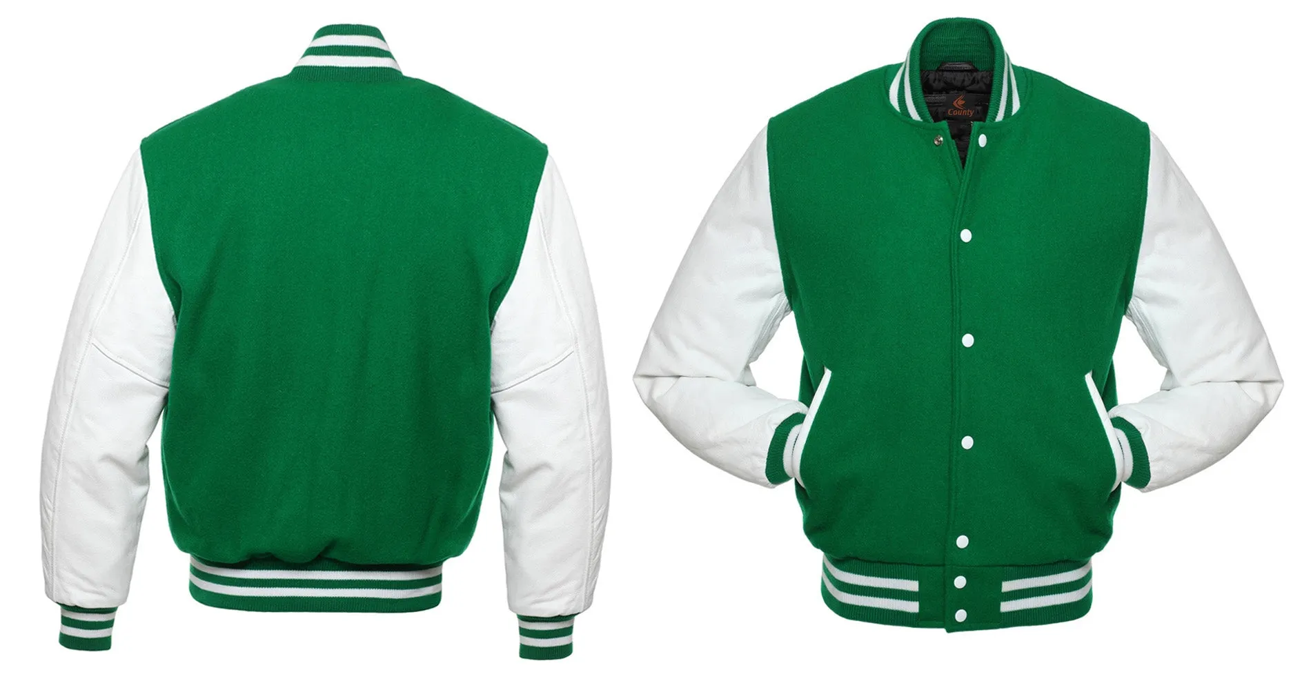 Custom Made Letterman Jackets Green Body and White Leather Sleeves Varsity Jacket