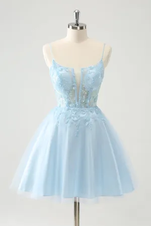 Cute Glitter Blue A Line Beaded Corset Tulle Mini Dress with Appliques