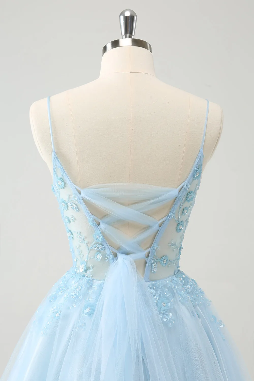 Cute Glitter Blue A Line Beaded Corset Tulle Mini Dress with Appliques