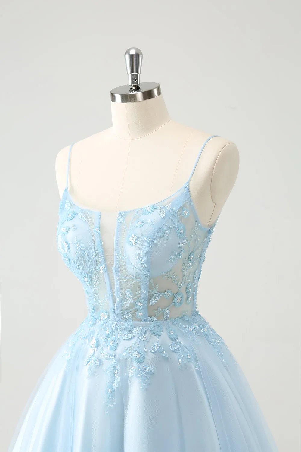 Cute Glitter Blue A Line Beaded Corset Tulle Mini Dress with Appliques